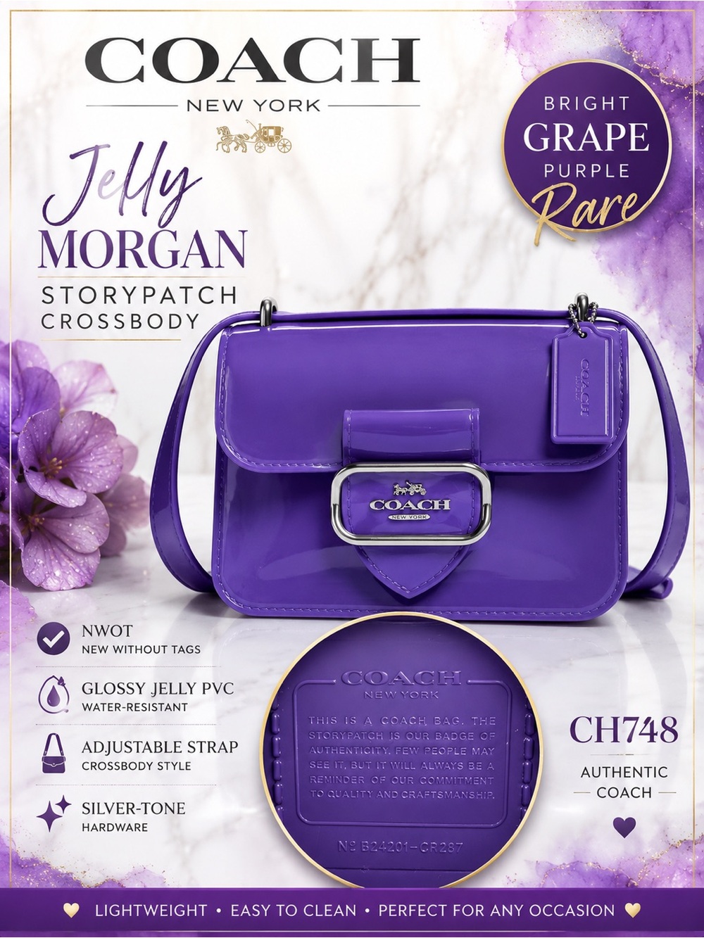 Coach NWOT Jelly Morgan Storypatch Crossbody Bright Grape Purple CH748 Rare